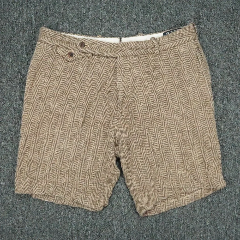 Polo Ralph Lauren Shorts Mens 34 Brown Tan Herringbone Linen Silk Chino